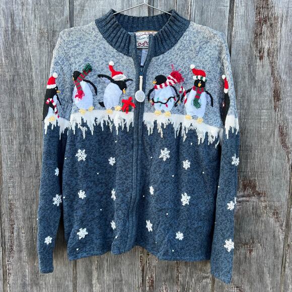 Y2K Heirloom Collectibles Winter Christmas Penguins Icicles Snow Cardigan MEDIUM - Picture 1 of 8